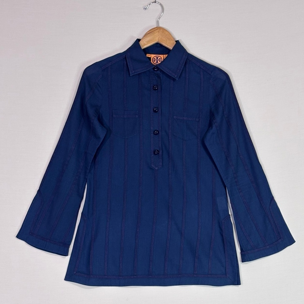 Tory Burch Blue Cotton Tunic Top Tailored Structured Button Detail